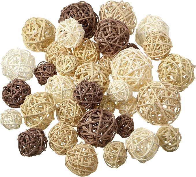 Patelai 36 Pcs Wicker Rattan Balls Decorative Balls for Vase Centerpiece Bowls Orbs Filler for Home Decor,4 Sizes(White, Wood Color, Light Tan, Coffee,2.4'',2'',1.6'',1.2'')