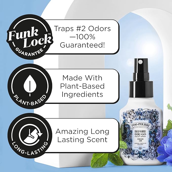Poo-Pourri Before-You-Go Toilet Spray,Fresh Air,4 Fl Oz,Up to 200 Uses,Bathroom Odor Deodorizer,Plant-Based with Essential Oils,for Home or Work,Jasmine,Fresh Air and Mint Scent,(Pack of 2)