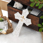TRENDIN Gold Cross for Wall, Rustic Wooden Cross with Fleur de Lis, Decorative Hanging Christian Wall Art for Home, Living Room, or Bedroom, Distressed White