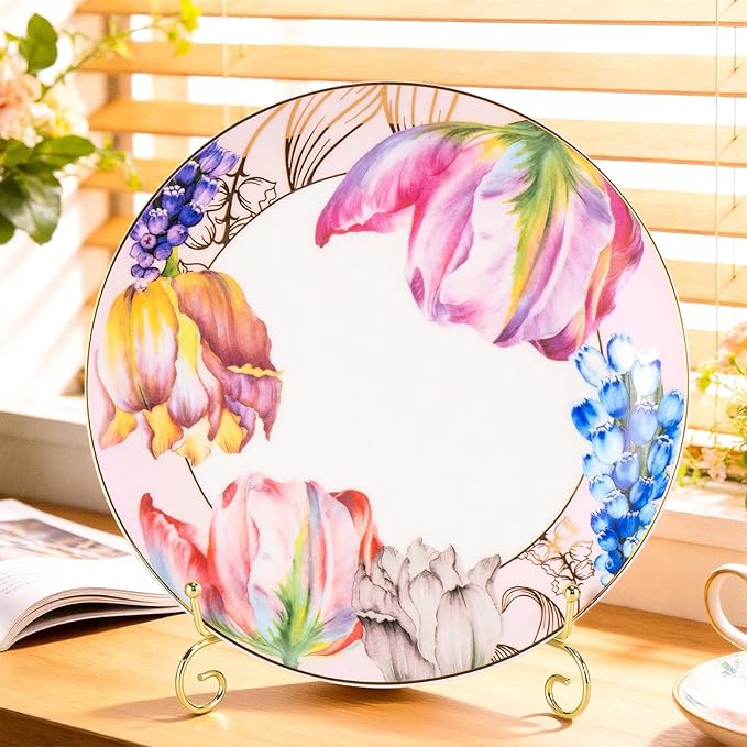 KAMMAK Ceramic Decorative Plate Set of 2, Porcelain Plates for Kitchen Dining Room Wine Cabinet Home Decor, Vintage Collector Plates with 2 Display Stand, Tulip (8-inch + 10.5-inch)