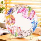 KAMMAK Ceramic Decorative Plate Set of 2, Porcelain Plates for Kitchen Dining Room Wine Cabinet Home Decor, Vintage Collector Plates with 2 Display Stand, Tulip (8-inch + 10.5-inch)