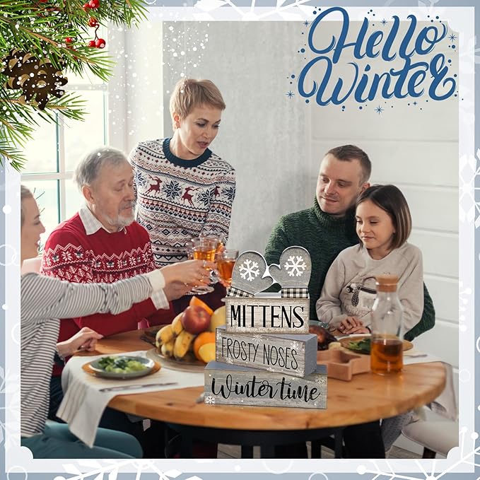 Lineshading 4 Pcs Winter Table Decorations Wooden Mittens Decor Winter Tiered Tray Decor Rustic Snowflake Mittens Block Signs Gift Farmhouse Christmas Centerpiece for Wonderland Party Kitchen Home