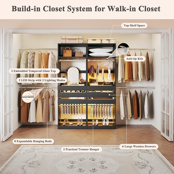 Closet System Set of 2, 5.7-10.4FT Closet Organizer System with 6 Wood Drawers & 2 LED Glasstop, Wood Walk-in Closet with 10 Hanging Rods & 2 Trouser Rack, Built-in Garment Rack with Shelves, Black