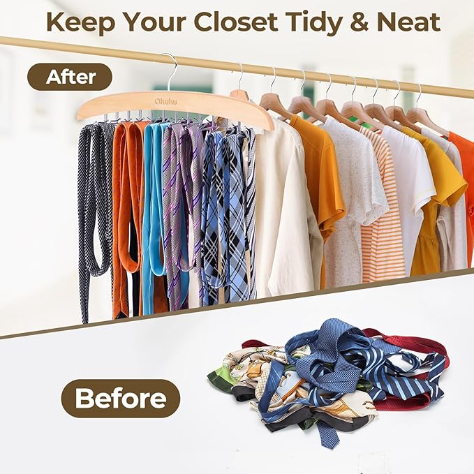 Ohuhu 24-Hook Wooden Tie Rack Organizer - Space Saving Closet Hanger with 360° Rotating Hooks, Anti-Slip Clips for Ties, Belts, Scarves - Premium Hardwood & Rustproof Steel Construction