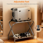 Heybly Luggage Rack for Guest Room, Steel Folding Suitcase Stand with Storage Shelf for Bedroom, Hotel, Foldable Steel Frame, Guest Room Bedroom Hotel, 22.8" L x 11.8" W x 20.9" H, Gray HLR004G1