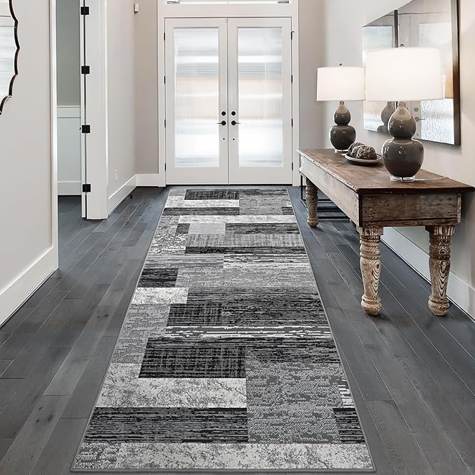 FlyDOIT Modern Geometric Patchwork Area Rug, 2.7x8 Grey Runner Rugs for Living Room, Rockwood Collection Indoor Rugs for Bedroom, Throw Carpet Floor Decor for Entryway Dining Room Office Nursery