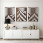 qmmp Modern Wooden Wall Sculptures - Set of 3 - Home Decor Accent - Large Wall Art for Living Room, Bedroom, Office - Easy Installation (Walnut, XXLarge - Mountain and Sun)
