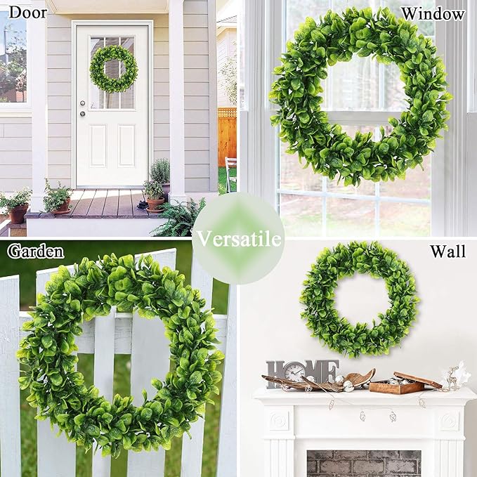 U'Artlines 17" Spring Summer Wreath for Door Green Boxwood Wreath Greenery Hanging Garland for Home Wedding Wall Window Decoration(01)