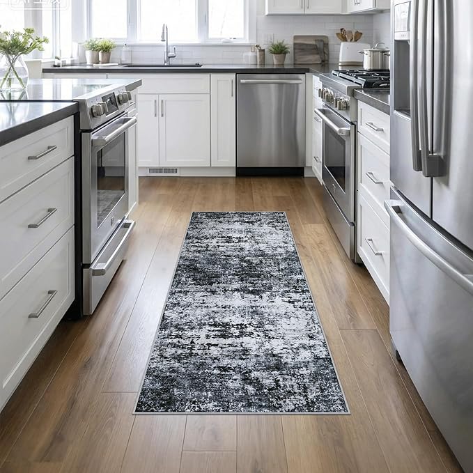 2'x6' Runner Rug Washable Rug: Modern Abstract Soft Thin Runner Rug Black