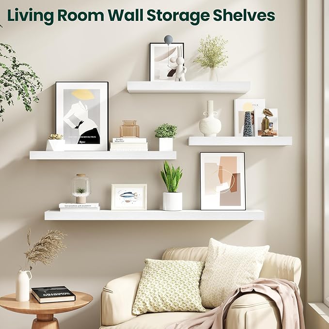Floating Shelves for Wall 40 in x 9.3 in Deep, Wall Mounted Rustic Wood Shelf with Invisible Brackets for Storage & Display, Living Room Bedroom Bathroom, White, 2 Pack