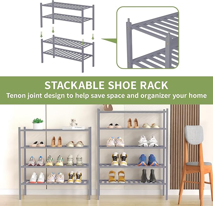 5 Tier Bamboo Shoe Rack for Closet Free Standing Wood Shoe Shelf for Entryway Small Space Stackable 27"x11"x33" (Grey)