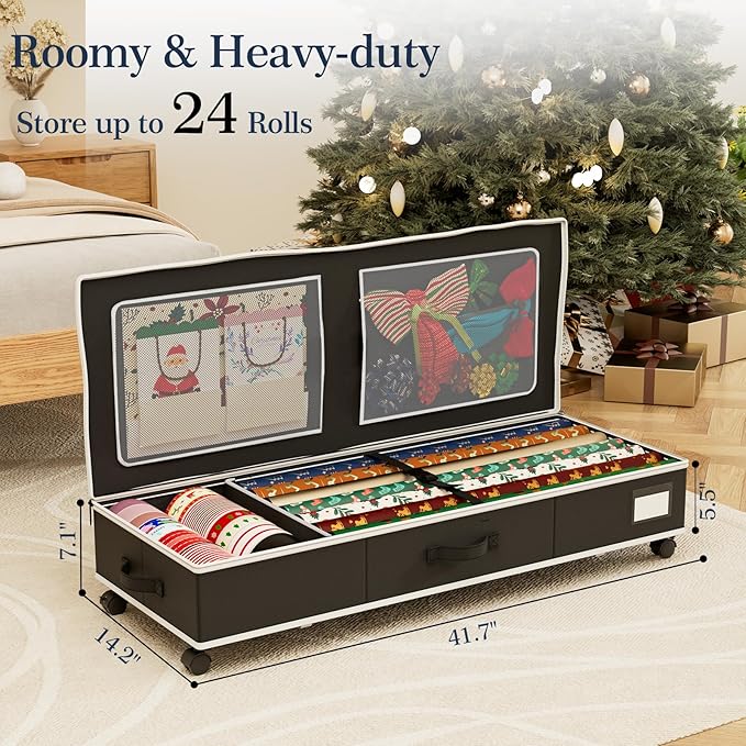 GoMaihe Wrapping Paper Storage with Wheels: Fits 41" Under-bed Gift Wrap Organizer & Container for Christmas Ribbon Accessories | Pockets & Adjustable Dividers | Easy Pull-out | Heavy-duty | Black