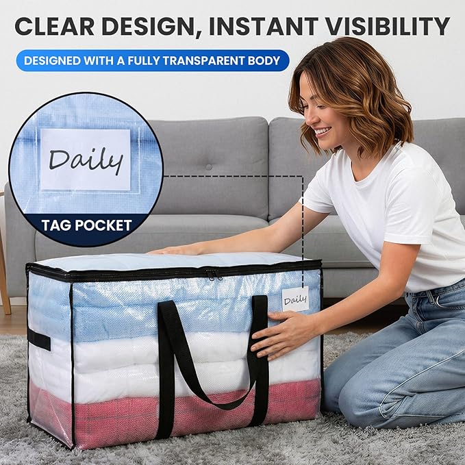 TAILI Extra Large Moving Bags, 4 Pack Clear Heavy Duty Totes For Storage with Visible Window, Wrap Around Handles, Storage Bags for Space Saving, Alternative to Moving Boxes