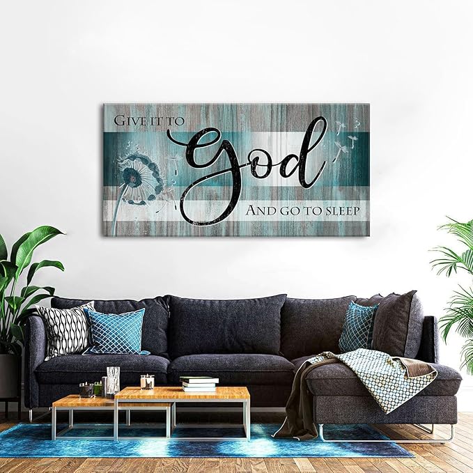 Extra Large Christian Wall Decor Scripture Wall Art Give It to God and Go to Sleep Bedroom Pictures Inspirational Bible Verses Wall Decor Turquoise Teal Religious Artwork Living Room Decoration 30x60"