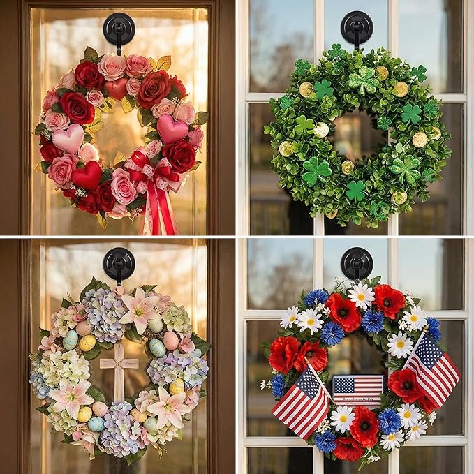 Strong Suction Cup Wreath Hanger for Front Glass Door - 20lb Hooks for Window & Bathroom - Damage-Free, Reusable Outdoor Christmas Wreath Holder for Holiday Decor, 2-Pack, Antique Gold