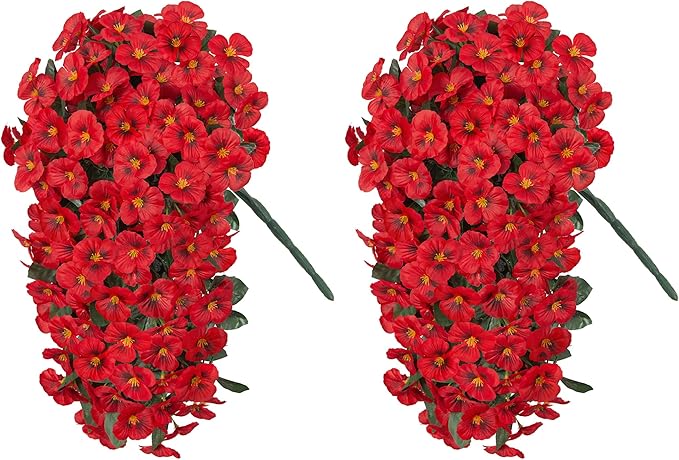 HyeFlora Artificial Flowers for Outdoors 2pcs Faux Silk Pansy Vines Lush UV Resistant Fake Hanging Flower Plants for Outside Porch Yard Patio Window Box (Red)