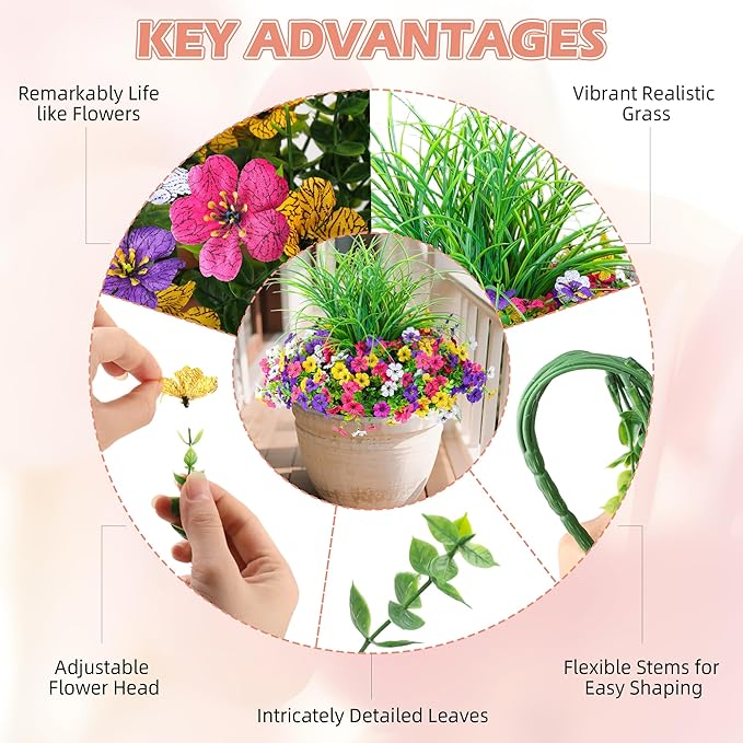 Artificial Flowers for Outdoors, 14 Bundles UV Resistant Fake Flowers Daisy with Greenery Plants,Faux Outdoor Flowers for Spring Summer Decoration, Outdoor Faux Plants Home Window Porch Patio Yard