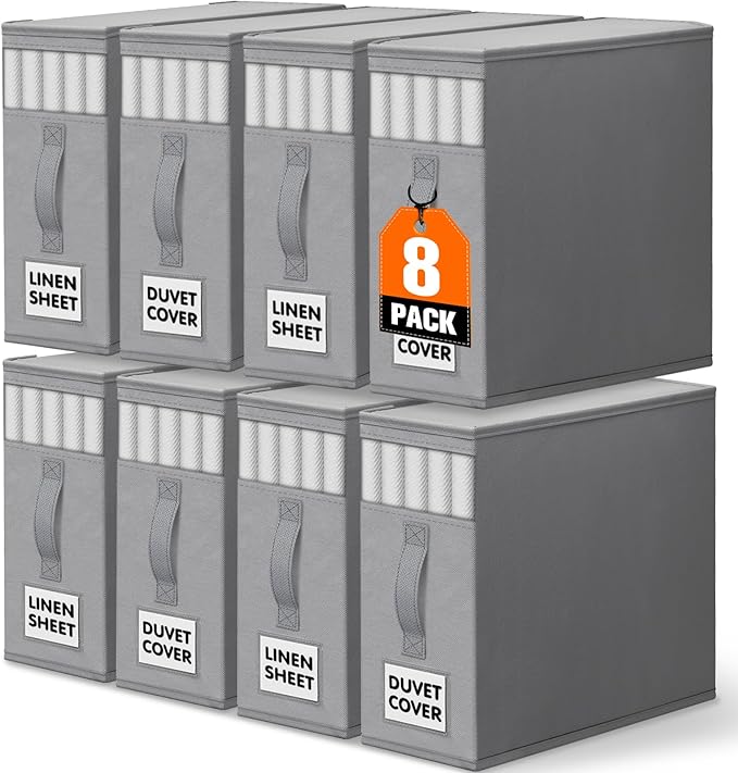 WOWBOX Sheet Organizers and Storage,Closet Bed Sheet Organizer Under Bed Storage and Organization with Label Cards & Clear Window for Bedding Sheets,Duvet Covers,Blankets (8 Pack，Gray)