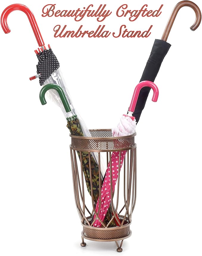 Dualplex Super Quality Umbrella Stand, Umbrella Holder, Antique Look Metal, Entry Hallway Décor, w/Removable Drip Tray. Home, Office Decoration Rack Holds Umbrellas Canes Walking Sticks (Round)