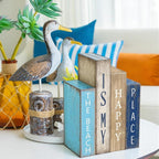 Lineshading 4 Pcs Summer Table Decoration Wooden Book Coastal Beach Decoration Blue and White Summer Tiered Tray Decor Wood Book Signs Farmhouse for Ocean Party Home Shelf Coffee Table