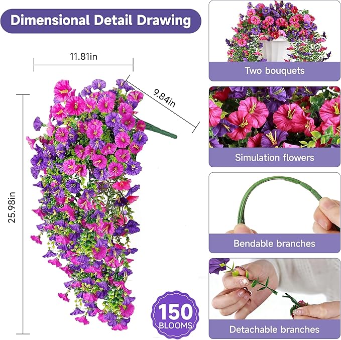 Artificial Hanging Flowers for Outdoors, 4 PCS UV Resistant Faux Plants Silk Realistic 150 Morning Glory Each Vines, Fake Plastic Floral for Garden Patio Spring Summer Decor, Fuchsia & LightPurple