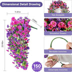 Artificial Hanging Flowers for Outdoors, 4 PCS UV Resistant Faux Plants Silk Realistic 150 Morning Glory Each Vines, Fake Plastic Floral for Garden Patio Spring Summer Decor, Fuchsia & LightPurple