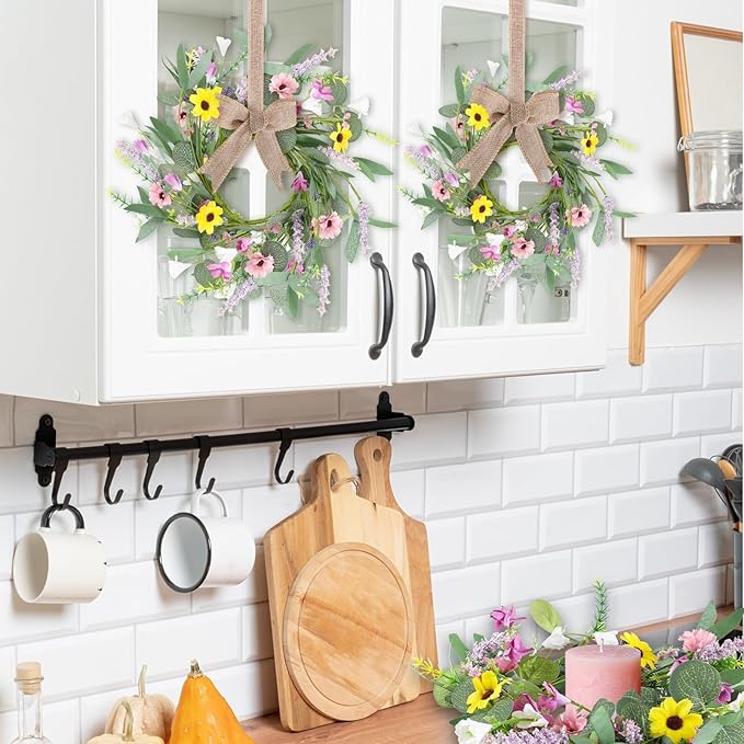8 Pcs 9" Mini Spring Summer Flowered Wreath Floral Wedding Candle Rings Wreaths Kitchen Cabinet Wreaths with Ribbon for Pillars Wedding Table Centerpiece Farmhouse Party Home Door All Seasons Decor