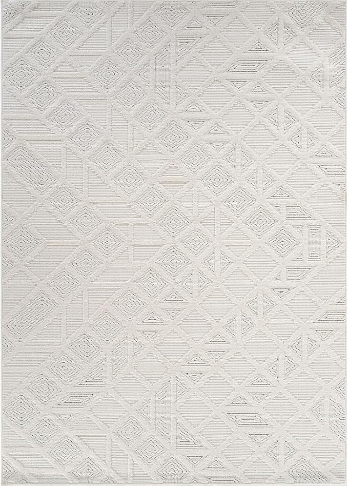 Modern Micro Loop Indoor Area Rugs for Living Room Bedroom Kitchen Geometric Square White 9x12 Luxury Durable Low and High Pile Non-Shedding Stain Resistant Soft Area Carpet 9 x 12