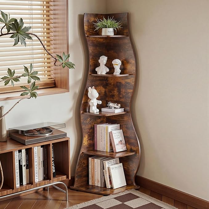 VECELO 2 Pcs Wavy Wavy Corner Shelf, Decorative 5-Tier Storage Bookshelf, 70.1” Tall Freestanding Display Bookcase for Small Spaces, Living Room or Bedroom, White