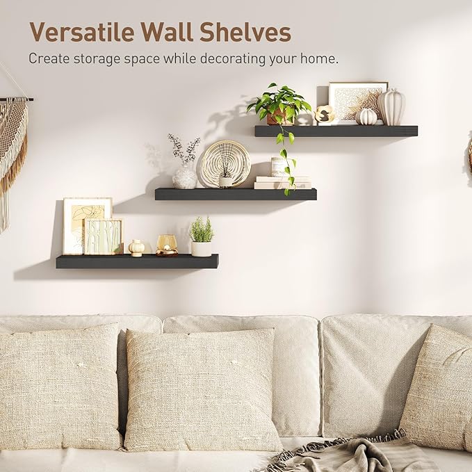 RALGEND Floating Shelves for Wall, 1.5" Thick Wall Shelf Set of 3 with Invisible Brackets, 23.6L x 7.9W Hanging Book Shelves Farmhouse Home Decor for Bathroom, Living Room, Bedroom, Black 6301BJP3BK