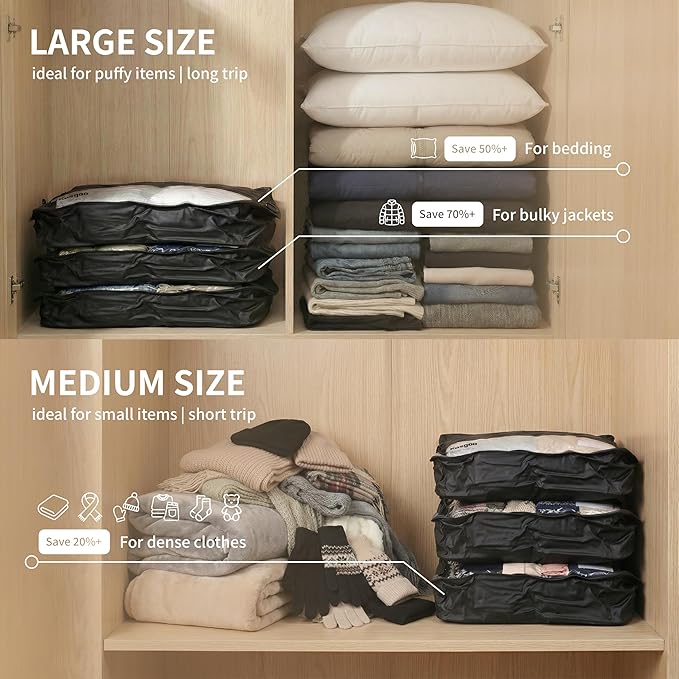 Vacuum Seal Bags for Travel 180° Open Compression Packing Cubes for Carry-on Luggage, IP67 Waterproof Space Saver Storage Bag (1 Large Pack No Pump Black)