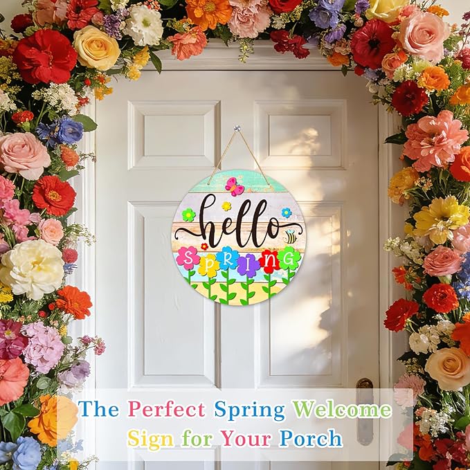 PETCEE Hello Spring Door Sign - 11.5" Colorful Flowers Spring Sign for Front Door Welcome Spring Decoration Wreath Farmhouse Welcome Spring Hanging Sign for Home Door Wall Porch Indoor Outdoor Decor
