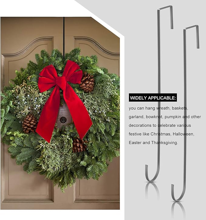 Hotop 15 Inch 4 Pcs Wreath Hangers for Front Door Steel Metal Wreath Doors Hanger Over The Door Hanger Hook Indoor or Outdoor for Christmas Halloween Front Decorations Welcome Sign(Black)