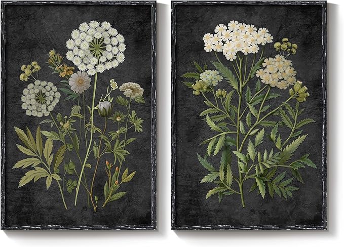 Large Framed Vintage Botanical Wall Art for Living Room, Moody Dark Floral Canvas Painting Prints, Retro Rustic Farmhouse Cottage Core Flower Artwork for Bedroom Dining Room Hallway Walls, 24x36 Inch