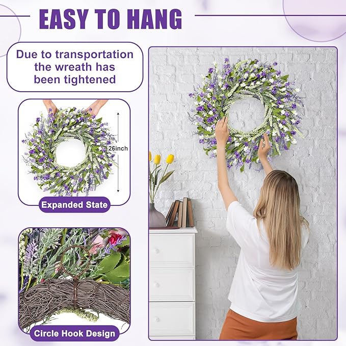 Artgar 26 Inch Spring Wreaths for Front Door, Spring Summer Lavender Paper Flower Wreaths for Home Farmhouse Windows Walls Porch Wedding Indoor Outdoor Decor for All Seasons (Purple)