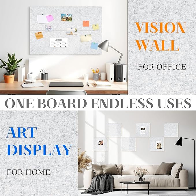 DOLLAR BOSS Felt Cork Board Tiles, 6 Packs 12" x 12" 1/2" Thick Cork Bulletin Board Self Adhesive Corkboards for Walls with 60 Pushpins for Home Office Kitchen School Decor Display, Light Grey