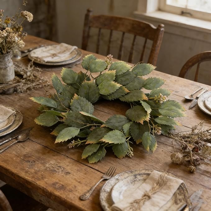 2 Pcs 16" Green Hibiscus Leaf and Eucalyptus Leaf Wreath - Artificial Greenery Candle Ring Wreath for Table, Front Door, Porch, Window & Home Holiday Decor - All Season Hanging Wreath