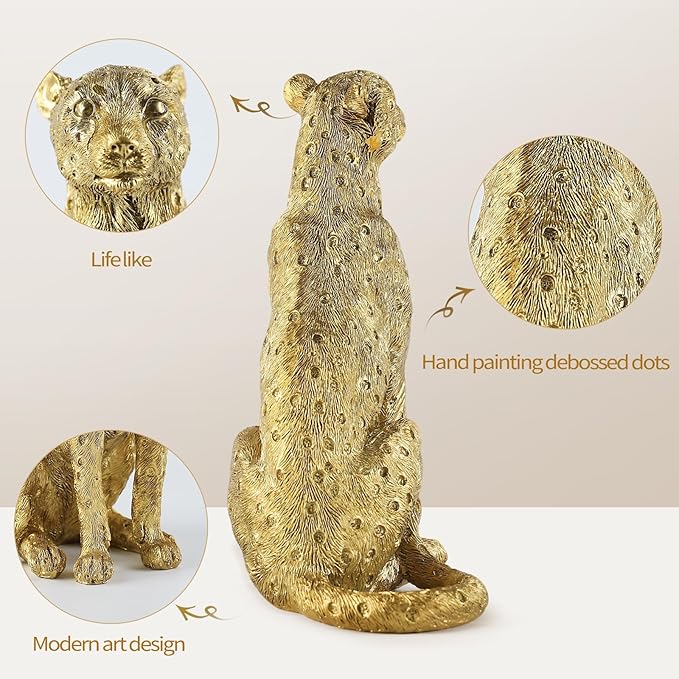 Cheetah Statue for Home Decor, 8" Resin Sitting Leopard Sculpture, Gold Desktop Decoration for Living Room, Dining Room, Office,Shelves, Tv Stand, Coffee Table or Entry Way
