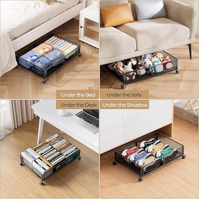 Yecaye Under Bed Storage with Wheels, 4 Pack Under Bed Shoe Storage Organizer Drawer, Tool-free Assembly Metal Underbed Storage Containers for Clothes, Shoes, Black