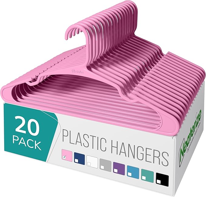 NEATERIZE Clothes Hangers Plastic 20 Pack for Adults - Plastic Hangers, The Perfect Coat Hanger and Space Saving Clothes Hangers for Closet, Percheros Ganchos para Colgar Ropa Hangars - Pink Hangers