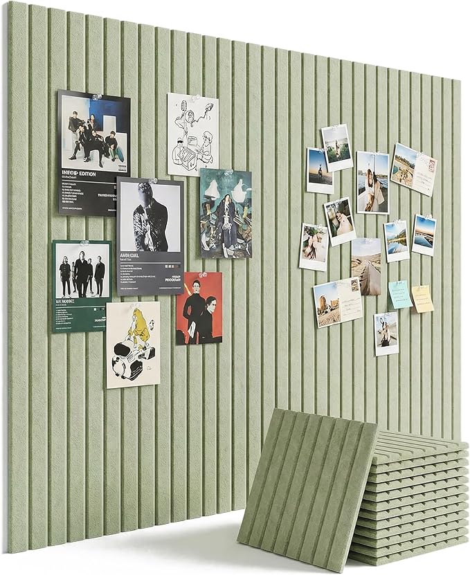 Aothia 12-Pack Felt Bulletin Board Tiles 48"x36", Modular Pin Board for Smooth Walls, Cork Board Alternative for Notes & Photos, 0.35" Thick, 70 Adhesive Tabs & 40 Pins, Sage Green