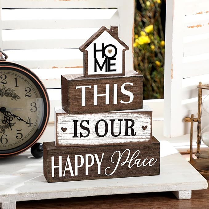 Cinnvoice 4 Pcs Farmhouse Tabletop Decor Rustic Family Blessed Home Table Centerpiece This Is Us Sign for Kitchen Shelf Desk Fireplace Mantel Tiered Tray Decor(Home This is Our Happy Place)
