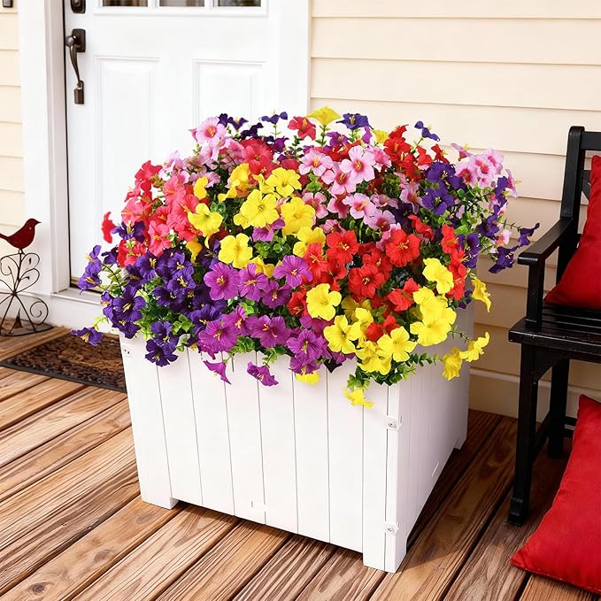 INQCMY Artificial Fake Petunias Flowers for Outdoors Spring Decoration, 12 Bundles Faux Plants UV Resistant Realistic Silk Flower for Outside Planters Patio Porch Yard Window Box (6 Mix Colors)