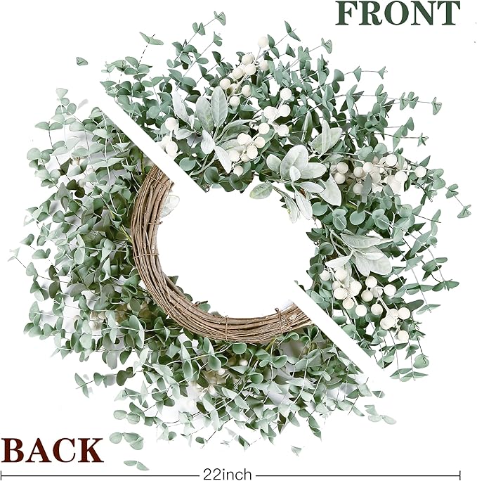 Sggvecsy Artificial Greenery Leaves Wreath for Front Door 22 Inch Greenery Boxwood Wreath with Flocked Lambs Ear White Berries for Spring Summer Farmhouse Wall Home Indoor Outdoor Decor
