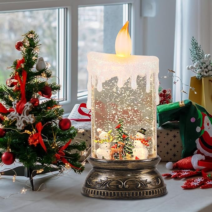 GenSwin Christmas Snow Globes with Music USB Rechargable Cable and Timer, 1 Pcs Christmas Music Box Lantern with Snowman and Snowdeer Scene for Christmas Indoor Centerpieces