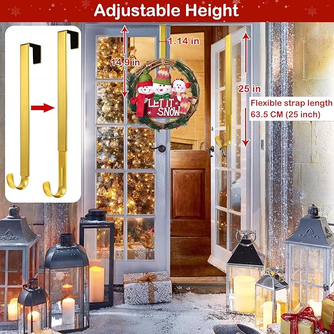 Gold Wreath Hanger, Christmas Decorations Adjustable Wreath Hangers for Front Door Adjustable from 14.9-25 Inches Over The Door Hooks Organizer Larger Hangers Festival Wreaths, Decorations Hook