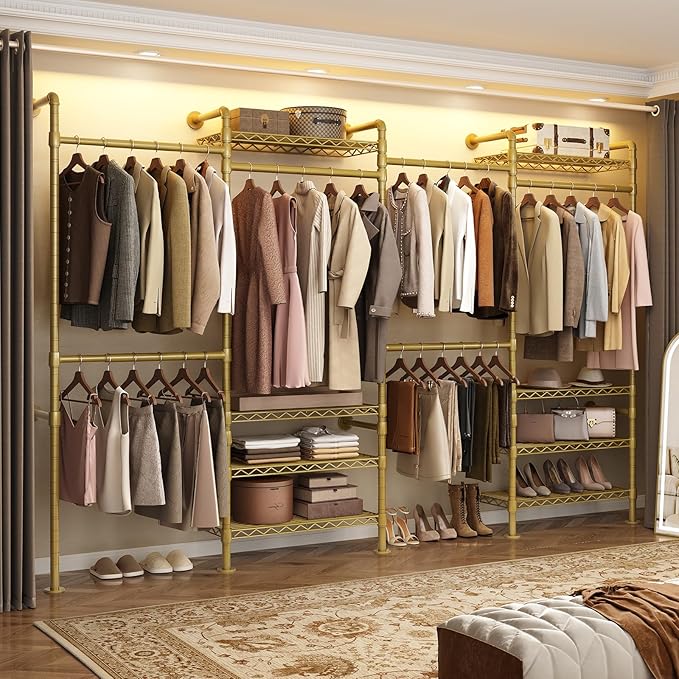 Wall Mounted Garment Rack, Industrial Pipe Metal Clothing Rack with 6 Hanging Rods (4 Expandable) & 8 Shelves, Closet Organizers and Storage System for Bedroom, Walk in Closet