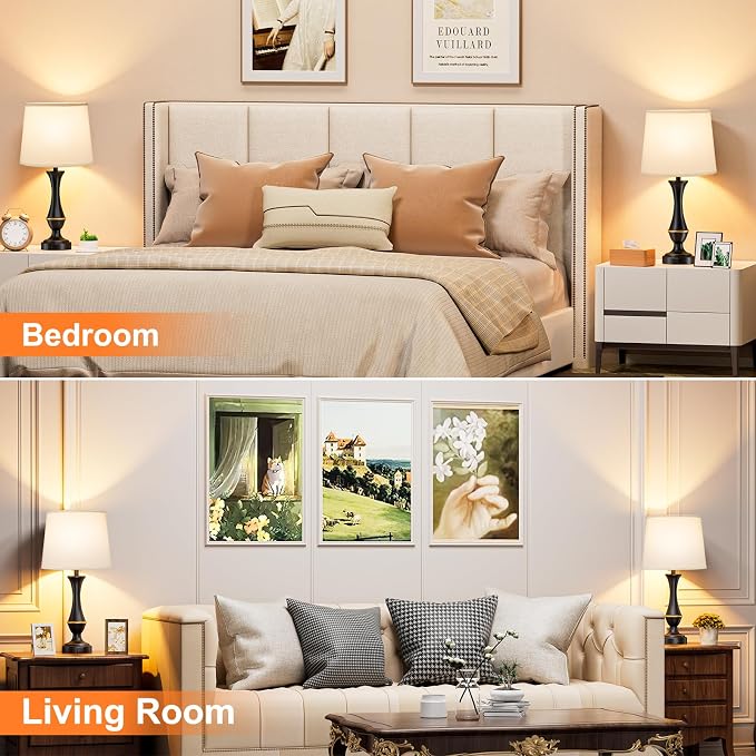 Seealle Upgraded Touch Lamps for Bedrooms Set of 2 - Nightstand Table Lamp with USB C+A, 3 Way Dimmable Lamps for Living Room, Office(White)