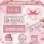 Lineshading 4 Pcs Pink Bow Decor Christian Table Decor Wooden Block Signs Set "you Are So Loved John 3: 16” Inspirational Bible Verse Quotes Coquette Bow Centerpieces for Home Office Shelf Decorations
