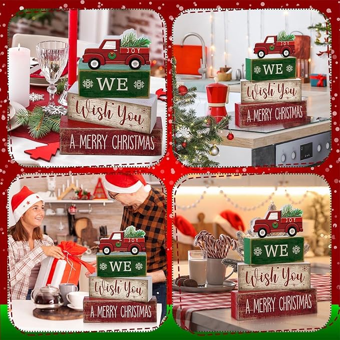 Lineshading 4 Pcs Rustic Christmas Decor Wooden Red Truck Winter Tiered Tray Decor Merry Christmas Table Centerpiece Wood Red Truck Block Sign Gift Farmhouse for Home Kitchen Tabletop Office Shelf